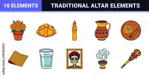 Mexican Ofrenda Holiday Vector Symbols