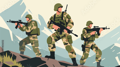 Illustration Of Military Troops On A Mission In The Mountains Vector Design Template