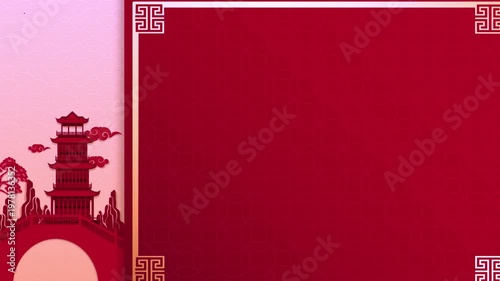Vibrant Chinese temple background with red lanterns and pagoda