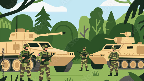Illustration Of Army Elite Troops With Rifles In Front Of Tanks Moving Through The Forest Vector Design Template