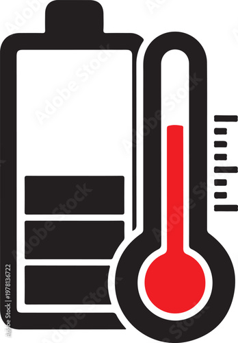 Battery charging level and thermometer icon set representing power status energy temperature monitoring device safety performance and electrical storage health diagnostics