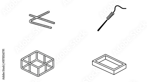 Monochrome Technical Illustrations: Minimalist illustrations showcase four distinct technical elements, each carefully rendered to highlight form and function. Clean lines, a modern aesthetic.
