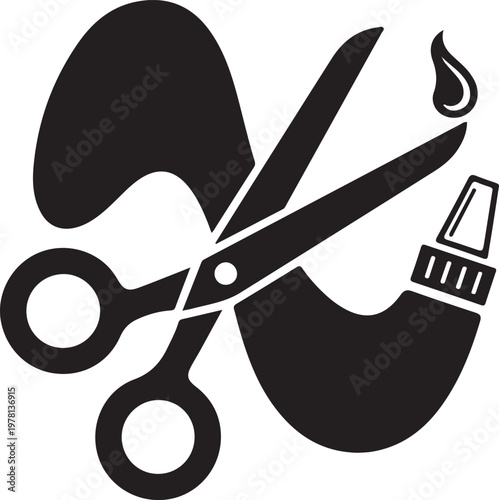 Creative design tools vector icon depicts scissors cutting paper shape, paired with a glue bottle, symbolizing arts crafts, diy projects, and school supplies