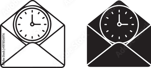 Email clock vector icon represents message time delivery, business communication, and deadline management with classic analog clock face inside envelope graphic