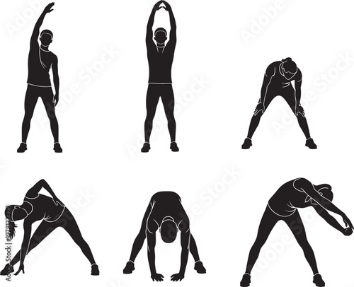 Set of black silhouettes showing people doing various stretching exercises and warm up movements isolated on white background for fitness and wellness designs.