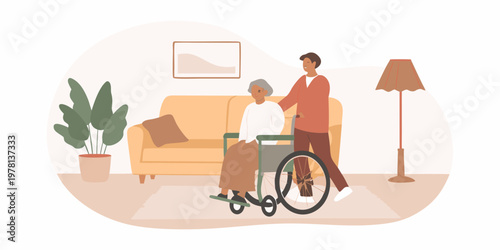 A young man assisting an elderly woman in a wheelchair indoors