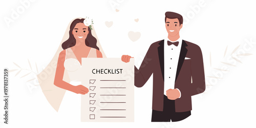 Newlyweds review a wedding checklist planning their big day together