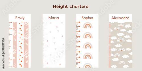 Four height charts displaying names and colorful decorative patterns