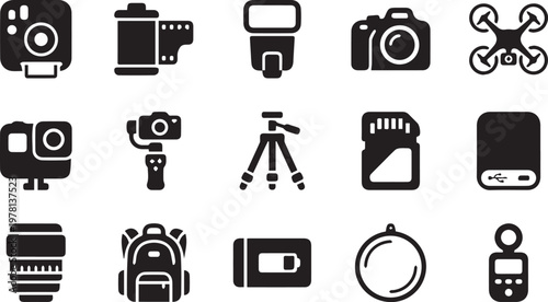 PHOTOGRAPHY EQUIPMENT ICON SET FOR WORLD PHOTOGRAPHY DAY IN AUGUST