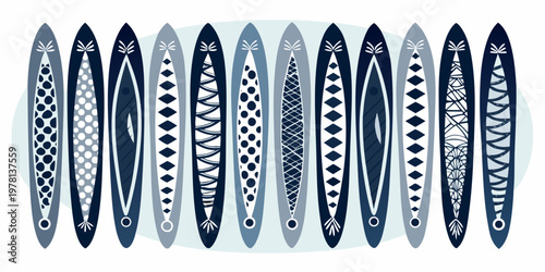 Collection of patterned surfboard designs in shades of blue and white