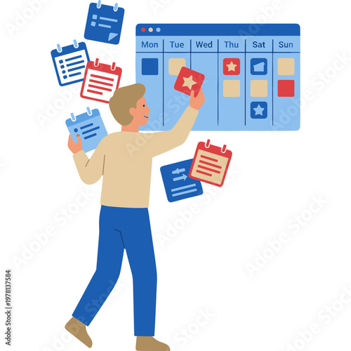 Man organizing calendar stickers on a digital calendar board at home.