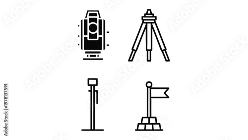 Surveying Instruments Icons: Clean, minimalist icons of surveying equipment, including a theodolite, tripod, and ranging pole, set against a pristine backdrop.