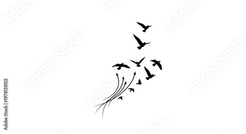 A flock of birds takes flight in a stylized vector illustration, their black silhouettes forming a pattern against the sky, evoking a sense of freedom and movement with minimalist design