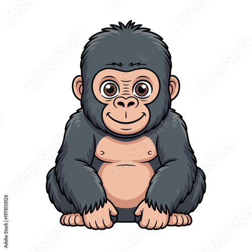 A cartoon gorilla sitting on the ground with a happy face