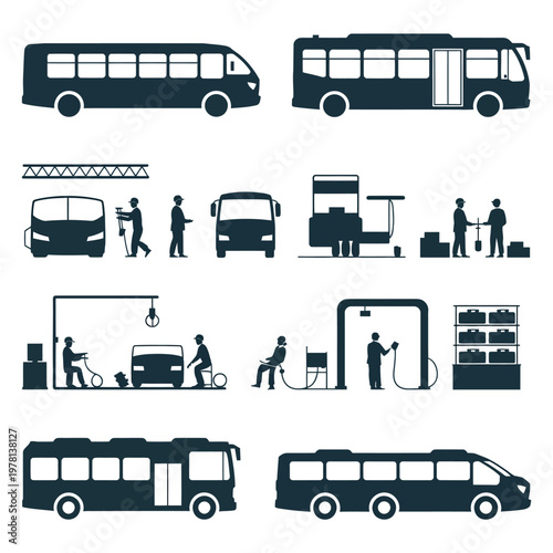 A collection of black silhouettes depicting various bus and transportation scenes