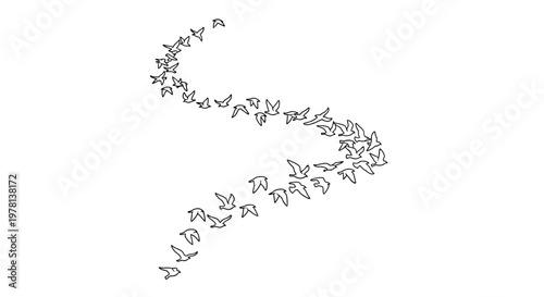 Vector art illustration featuring a flock of black silhouette birds flying in formation, forming a curved pattern against a clean white background, conveying a sense of freedom