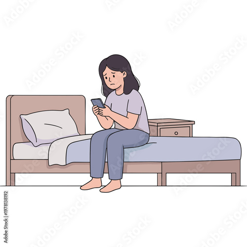 Woman sitting on a bed using her smartphone at night