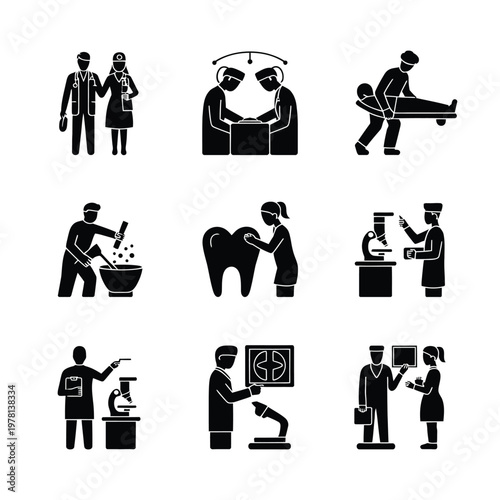 A collection of medical professionals in various healthcare settings