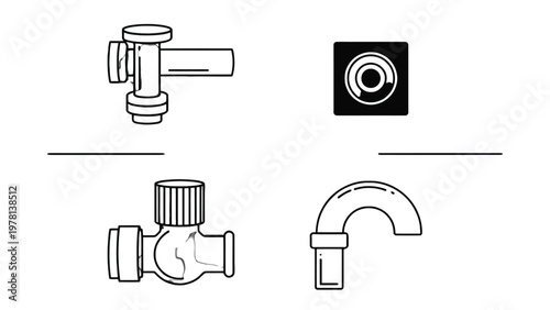 Plumbing Fixture Icons: Four minimalistic plumbing icons representing diverse fixtures and fittings, ideal for illustrating various aspects of a domestic water system. 