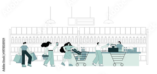 People with baskets and carts stand in line at the supermarket.eps