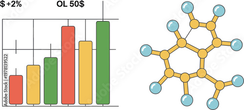 Financial trading graph with colored bars alongside organic chemistry molecular model vector