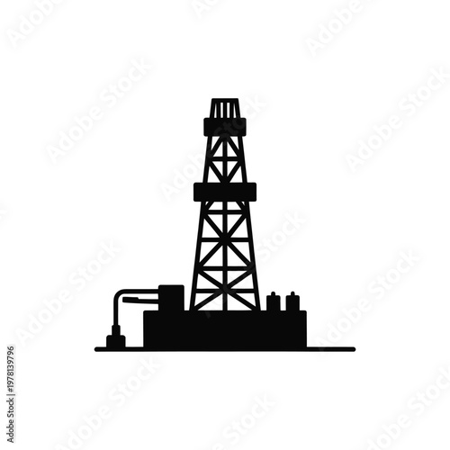 A black silhouette of an oil rig on a white background