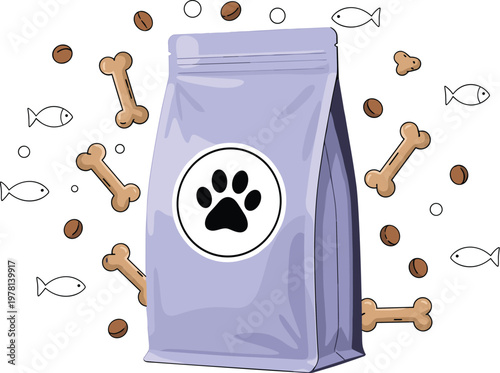 Pet food packaging with dog paw logo kibble bones and fish icons vector illustration isolated on white background for animal nutrition design