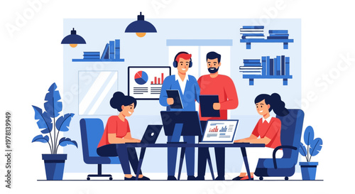 Business people working on laptops together.