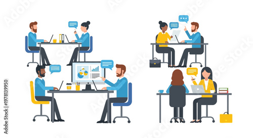 People working at office desks.