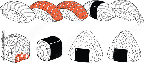 Sushi outline and colored set with nigiri maki rolls and onigiri Japanese food vector illustration collection isolated on white background