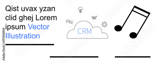 Business management, cloud storage, customer relationship, creative tools, innovation, entertainment. CRM cloud and icons paired with music notes. Business management and cloud storage