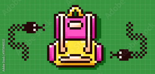 Back to School pixel art backpack with two snakes.