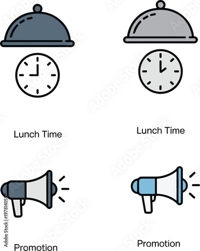 Restaurant lunch time food tray and marketing promotion megaphone speaker icon set vector