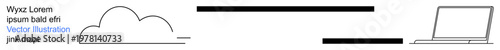 Cloud computing, data storage, internet connectivity, technology services, remote work, digital transformation. Minimalist ion of a cloud, network bars and a laptop. Cloud computing and data storage