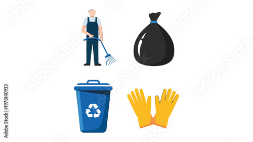 Cleaning Supplies and Equipment: An array of cleaning essentials showcases a worker and associated tools. The elements include broom, bin, gloves, and garbage bag.