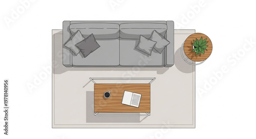 Top view of a modern living room furniture arrangement.