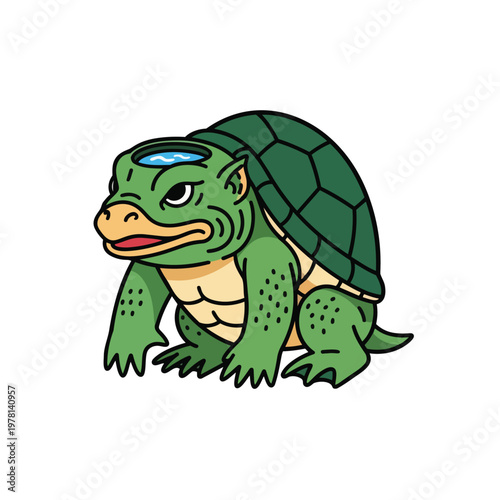 Green cartoon turtle with shell.