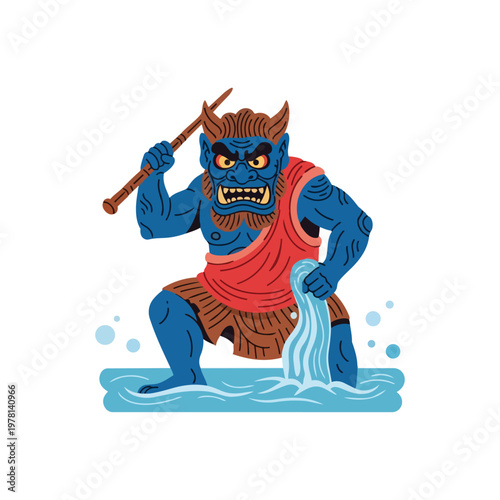 Blue creature with sharp teeth holding stick.
