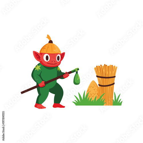 Green Japanese folklore creature holding a farming tool near bundles of rice or hay