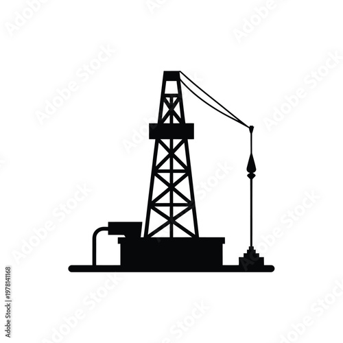 A black silhouette of an oil rig on a white background