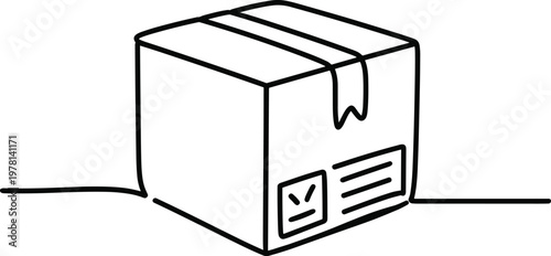 Continuous line of a cardboard shipping box with tape and label