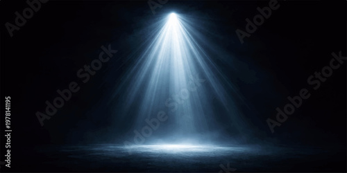 An abstract blue background illuminates the dark stage with a bright spotlight and glowing flares like a night sky scene filled with stars and music