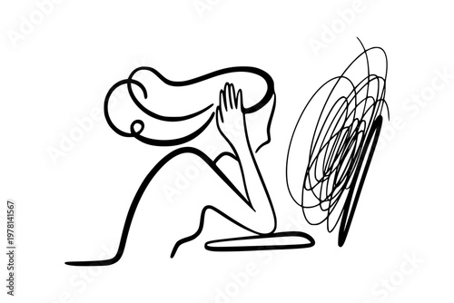 A woman resting her head in hands shown in minimalist line art style on white background, expressing stress concept. Concept of burnout and mental problems