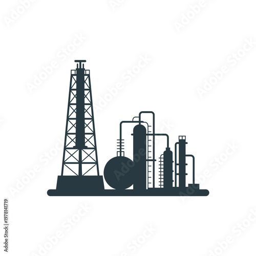 An industrial oil refinery with a drilling tower and processing units