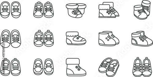 Baby shoes and soft sole booties vector icons