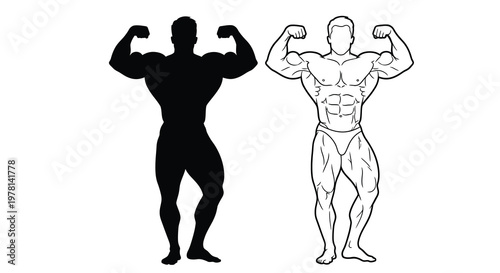 Muscular physique comparison front and back views featuring a dark silhouette