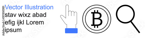 Finance, cryptocurrency, blockchain, digital transactions, online search, investment tools. Bitcoin symbol, hand cursor and magnifying glass displayed. Cryptocurrency and blockchain concepts