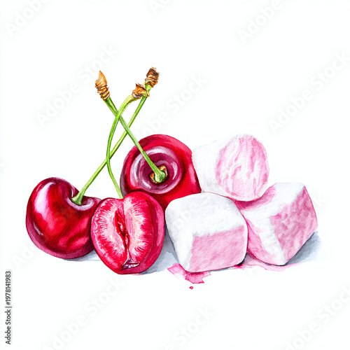 Vibrant red cherries with green stems beside soft pink marshmallows on a white background.