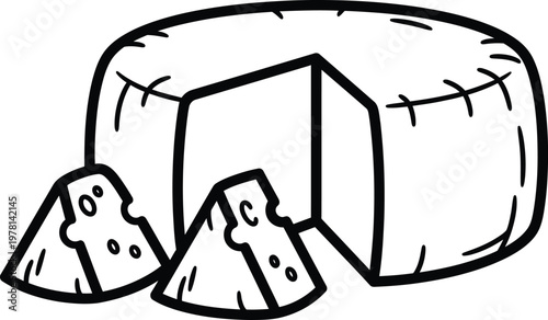 Cheese wheel and slices hand drawn vector sketch