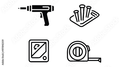 Essential Tools: A clean, graphic representation of indispensable tools used in construction, woodworking, and various DIY projects. Drill, nails, digital level, and measuring tape are isolated.
